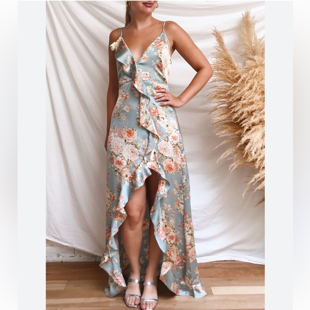 Vici | Satin Blue High Low Sundress Thigh Slit Spaghetti Straps Floral Open Back